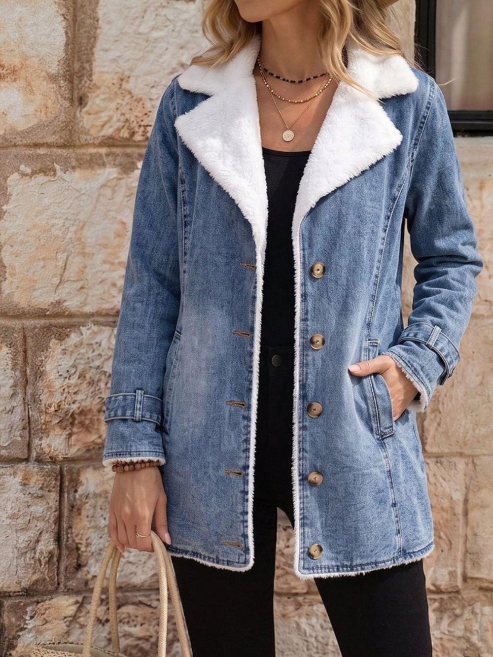 Western Light Wash Teddy Lined Pockets Button Down Denim Jacket - Picture 3 of 5